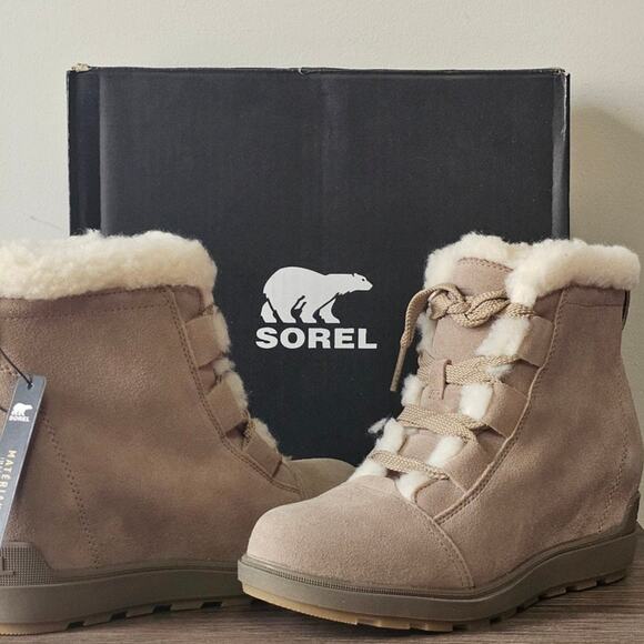 Sorel  Evie II Cozy Lace Up Wedge Booties Women's 9 Omega Taupe, Wet Sand  NWT - Picture 1 of 9